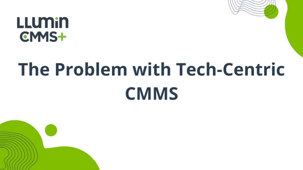Cover image with the title “Why Tech-First CMMS Fails & How to Fix It” in bold, dark blue text on a white background, surrounded by abstract navy and green circular graphics in the corners.