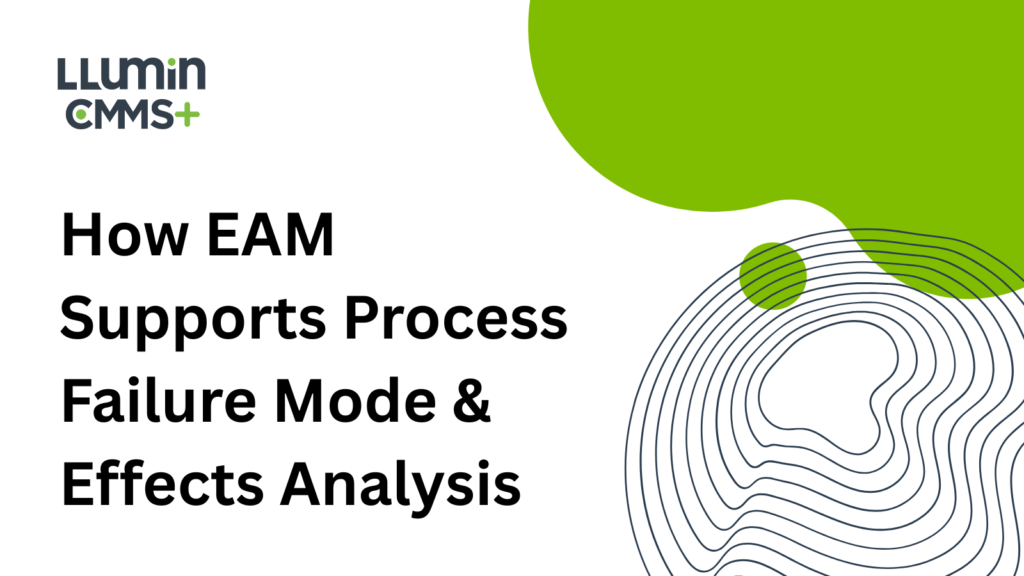 A bright green and dark blue title card that reads “How EAM Supports Process Failure Mode & Effects Analysis” with the Llumin logo