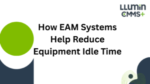 A bright green and dark blue title card reading “ How EAM Systems Help Reduce Equipment Idle Time” with the Llumin logo