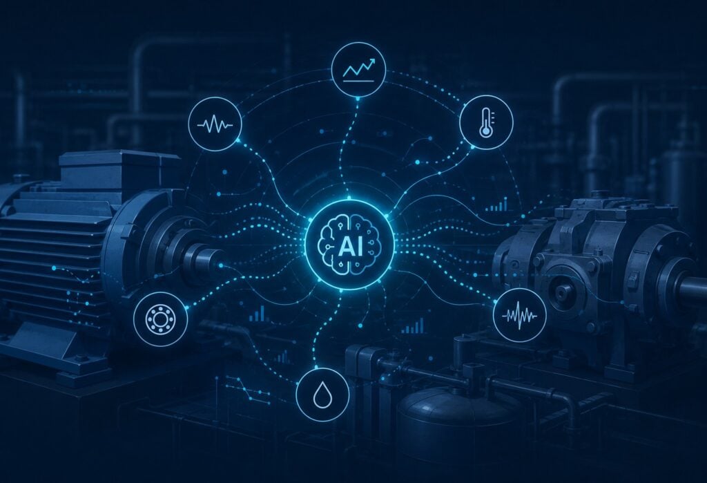 An icon of a brain that says "AI" with light-blue strings connecting it to six icons that represent machine condition signals, with a generator in the background.