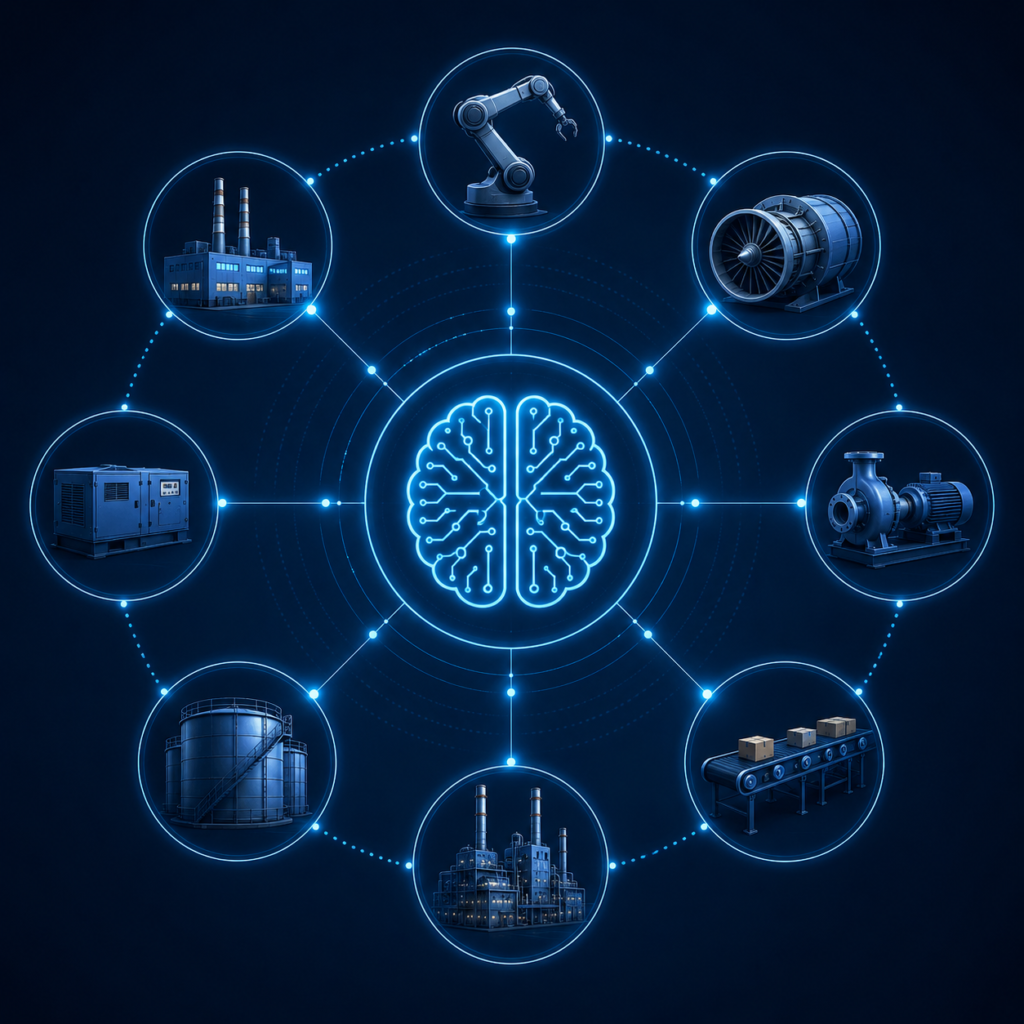 A light-blue AI brain with blue lines connecting it to a ring of 8 types of assets and facilities that surround it.