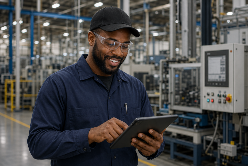 A male African-American maintenance technician wearing a black cap, dark blue overalls, and clear safety glasses using a tablet.