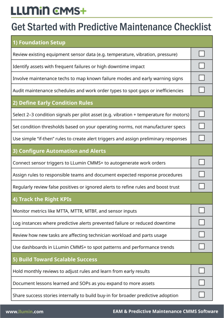 A downloadable checklist the shows 5 key steps to implementing predictive maintenance, each with 3-4 subtasks, featuring the LLumin logo in the top left.